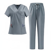 V-Neck Scrub Top and Pants Multi-Pocket Design Short Sleeve Medical Attire