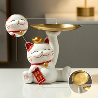 Maneki Neko Tray Auspicious Jewelry Dish with Cat Tabletop for Vanity, Entryway