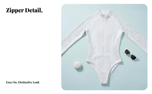 Long Sleeve Zip up Swimsuit Quick-Drying Front Zip Single Piece women's Wave-Riding Ing Suit Breathable Material White Mesh