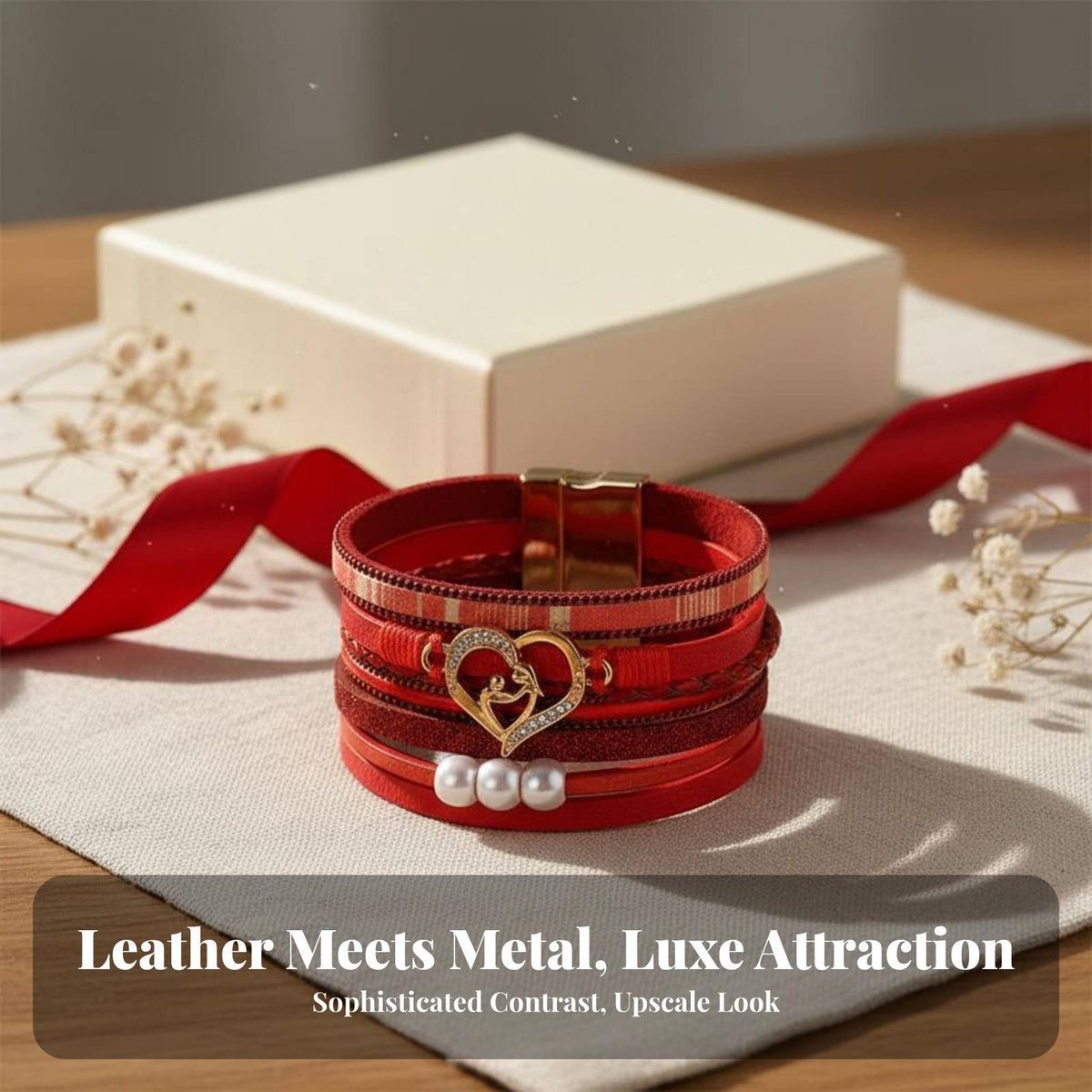 Mother Child Heart Bracelet Layered Design Secure-Fastening Clasp Wrap Bracelet