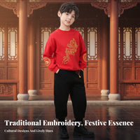 Celestial Creature Flamingo Embroidered Kids Fleece Sweatshirt Set, Chinese Style Traditional Tang Suit, Boys Girls New Year