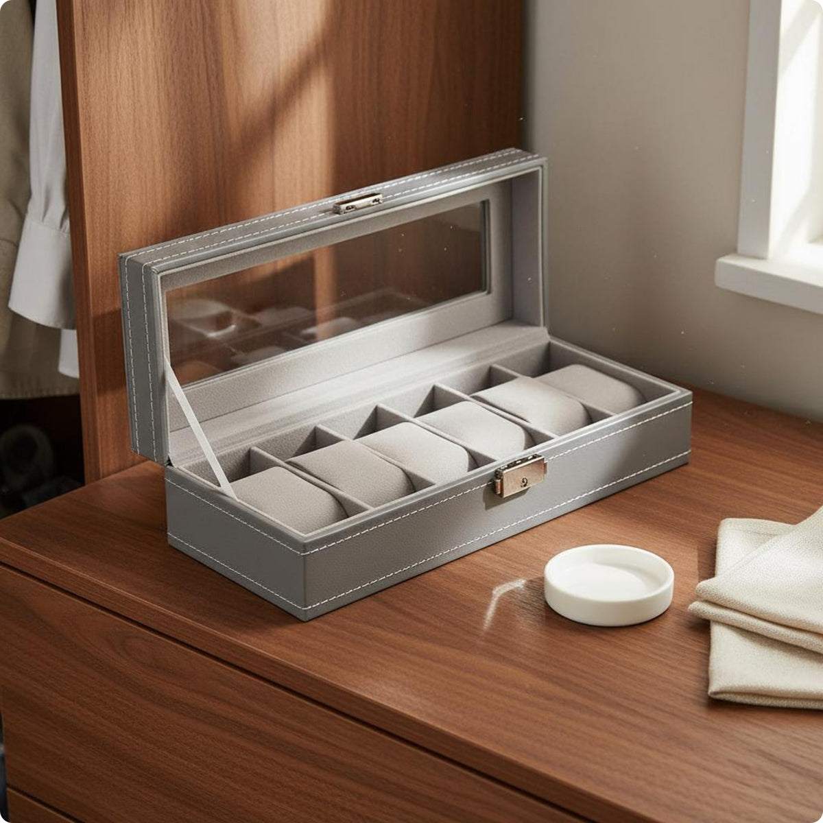6-Slot Watch Box Transparent Window Timepiece Holder Divided Compartments