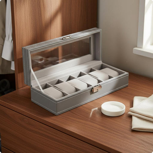 6-Slot Watch Box Transparent Window Timepiece Holder Divided Compartments