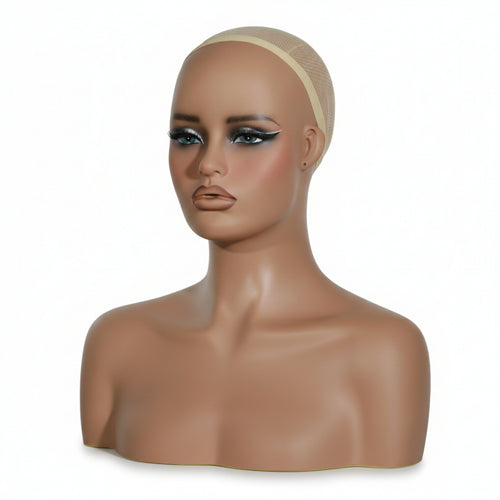 Manikin Head with Shoulders Smooth Finish Mannequin Head Bald Cap-Covered