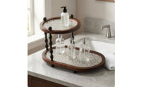 Oval Storage Rack Black Turned Columns Two-Tier Rack Brown Wood-Tone