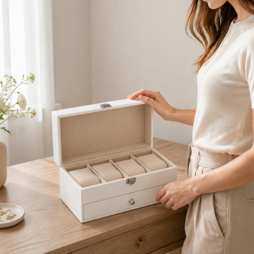 Double-Layer Watch Box Compartmented Watch Organizer with Drawer Soft Padded