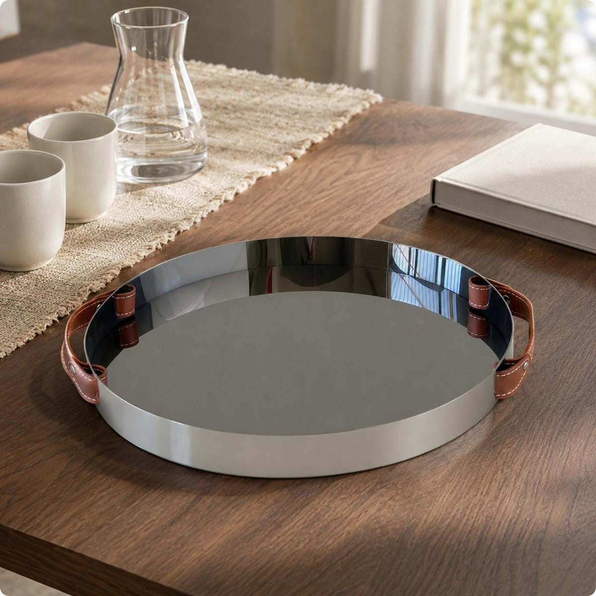 Leather Handled Tray Shallow rimed Mirrored Tray Minimalist Household Decor for Tabletop Display