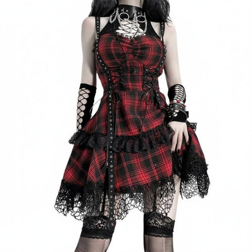 Red Black Plaid Mini Dress Vintage Inspired Goth Plaid Dress 3-Piece Set