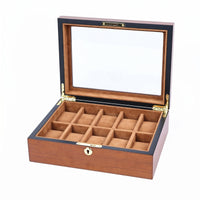 Wooden Watch Box Hinged Top Glass Lid Watch Box Front Lock