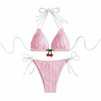 Alluring Design Cherry Triangle Bikini Adjustable Ties Side Tie String Bikini Cheeky for Young Adults, Teens, Vacation, Poolside