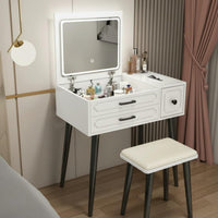 Hinged Lid Vanity Table Modern Minimalist Design Makeup Vanity with Storage Drawers Dressing Table with Mirror and Stool