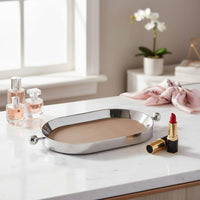 Decorative Serving Tray Stainless Steel Mirror Tray Leather Base Household Storage for Dining Table, Vanity