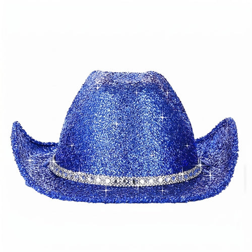 Glittery Blue Cowboy Hat Tall Crown Textured Cotton Twill-Like Cowboy Hat