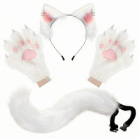 Feline Ears Tail Gloves Set Faux Fleece Cat Ear Headband Adjustable Strap Paw Gloves