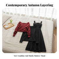 2 Pieces Red Sweater and Dress Set Autumn Design Sweater and Skirt Set
