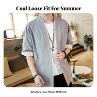 Loose Kimono Cardigan for Men, Chinese Style Summer Robe, Five-Quarter Sleeve, Pan Button, Relaxed Jacket