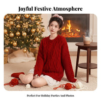 3 Pieces Fuzzy Knit Crop Top Skirt Set Holiday Themed Red Bunny Girl Outfit