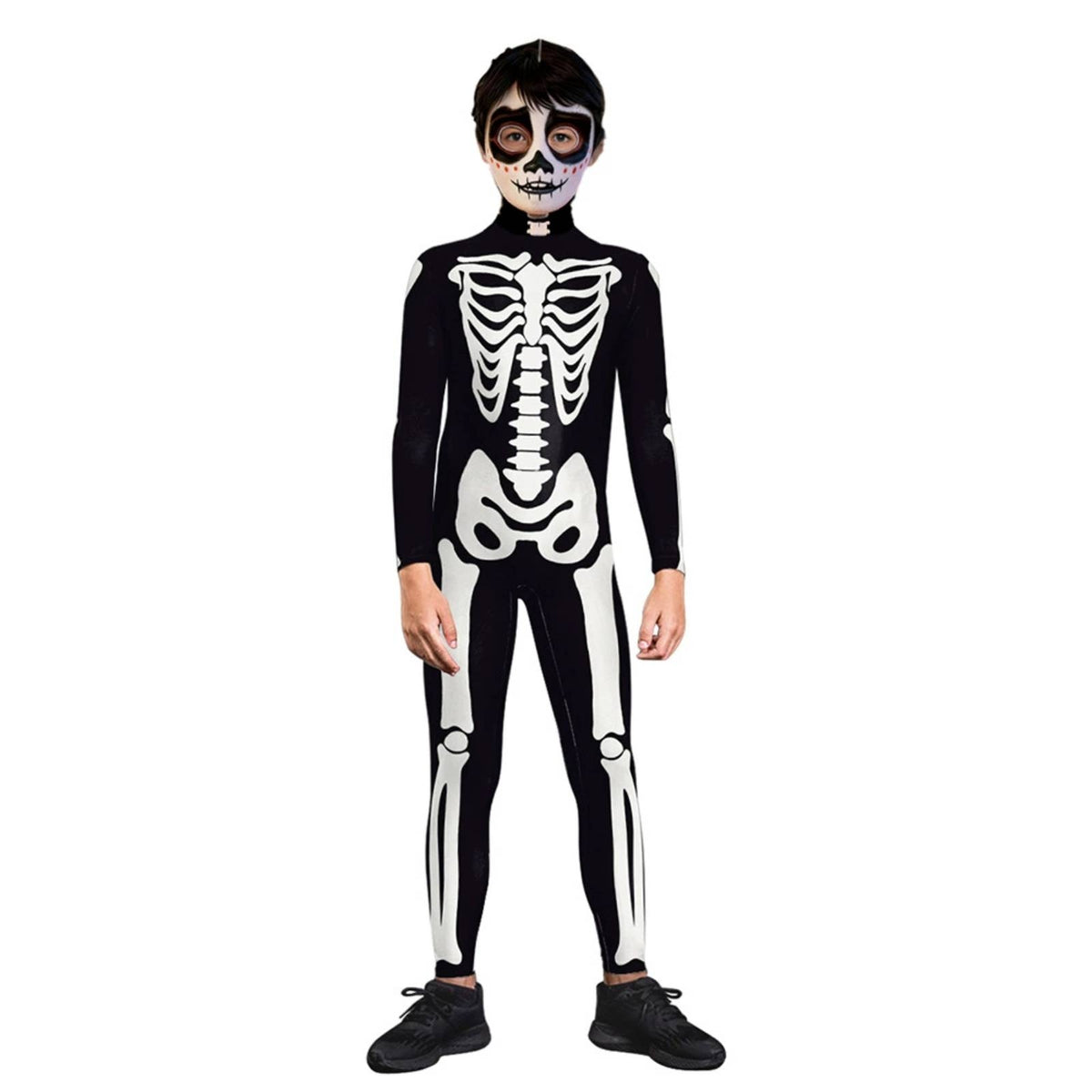 Full-Length Skeleton Suit Bone Print Jumpsuit Halloween Costume Bodysuit Form-Fitting Stretch-Fitting