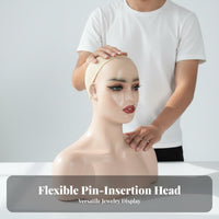Pinnable Mannequin Head with Shoulders Pierced Ears Hairpiece Display Head Long-Lasting PVC for Stylists, Retailers, Salon, Shop Window