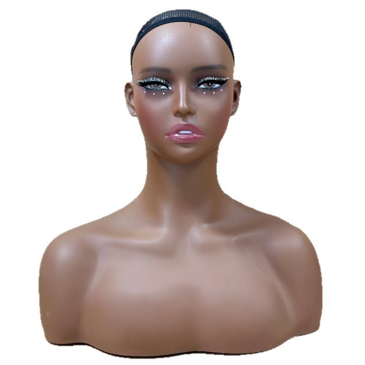 Mannequin Head with Shoulders Dark Skin Tone Realistic Hairpiece Head Shouldered Display Figure
