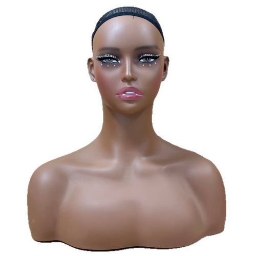 Mannequin Head with Shoulders Dark Skin Tone Realistic Hairpiece Head Shouldered Display Figure