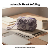 Fuzzy Makeup Bag Portable Fuzzy Cosmetic Pouch Fuzzy Heart Print Pouch Great Gift Soft Toiletry Bag With Wrist Strap for School