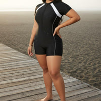 Single Piece Sun Protection Top Stretchy Material Plus Size Short Sleeve Sun Protection Top Full Coverage Swimsuit Built-in Bra