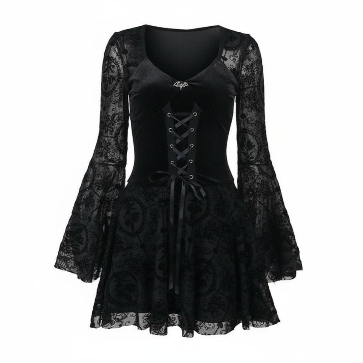 Black Bell Sleeve Dress Vintage Inspired Gothic Mini Dress Heart-Shaped Neckline