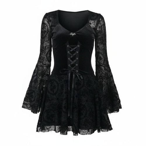 Black Bell Sleeve Dress Vintage Inspired Gothic Mini Dress Heart-Shaped Neckline