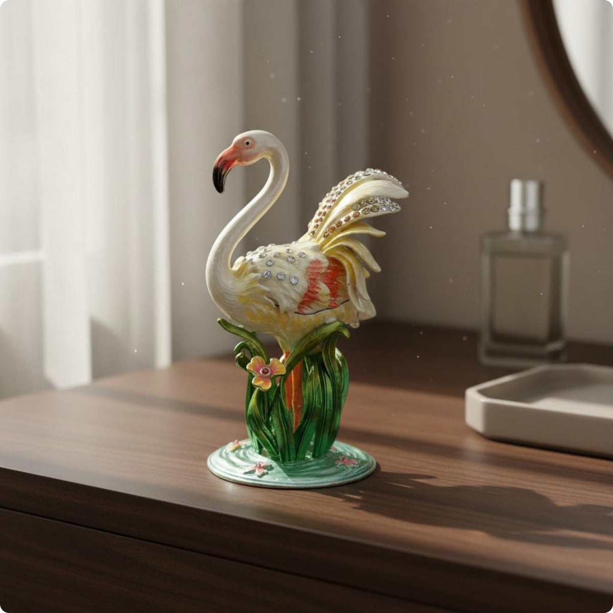 Metal Flamingo Jewelry Box Crystal Accents Enamel Flamingo Box Compact Size