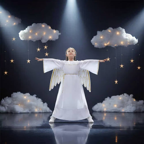 Celestial Costume with Feathered Appendages and Radiant Circlet Soft Material Kids Celestial Dress with Feathered Appendages And