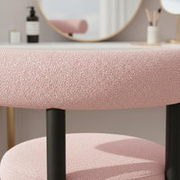 High-Density Foam Cushion Sherpa Vanity Chair with Backrest Shed-Resistant Upholstery Round Boucle Makeup Stool for Bedroom