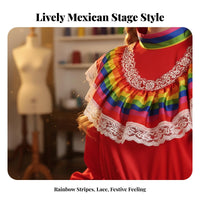 2 Pieces Mexican Folklorico Dress Inclu of S Headpiece Traditional Mexican Dance Costume Rainbow Hem Dance Dress Lively Hues