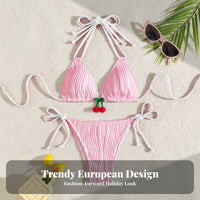 Alluring Design Cherry Triangle Bikini Adjustable Ties Side Tie String Bikini Cheeky for Young Adults, Teens, Vacation, Poolside