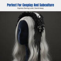 Victorian Celestial Feather Lace Headband, Dark Cosplay Hair Accessory, Punk Subculture, Black Cream Random
