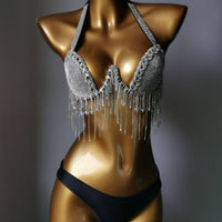 Adjustable Straps Rhinestone Tassel Bikini Push Up Design Shimmering Nightclub Bikini for Dancers, Young Adults, Nightclubs, Club