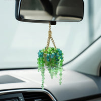 Decorative Beaded Succulent Charm Green Rearview Mirror Charm Gold-Tone Hanging Car Plant Sparkling for Drivers