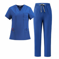 V-Neck Scrub Top and Pants Multi-Pocket Design Short Sleeve Medical Attire
