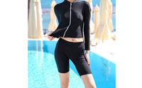 Black Zip-Front Swim Set Split Design Long Sleeve Rash Guard Swimsuit Athletic Cut Swim Shorts Set Minimal for Women, Swimming, Snorkeling, Surfing