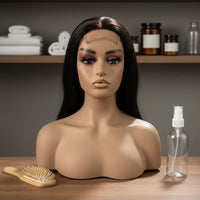 Mannequin Head with Shoulders Realistic Skin Tone Cosplay Hairpiece Mannequin Ear Holes Hairpiece Display Head for Shop Window