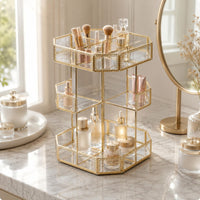 Vintage-Design Cosmetic Storage Organizer Gold-Toned Octagonal Makeup Organizer