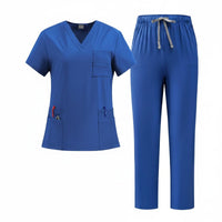 V-Neck Scrub Top and Pants Multi-Pocket Design Short Sleeve Medical Attire