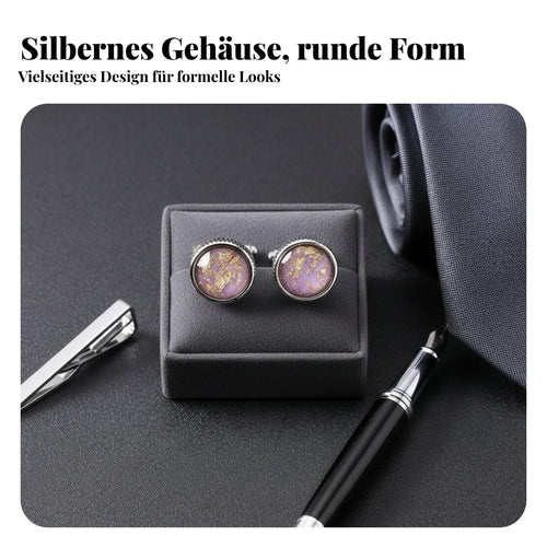 2 Pieces Violet Crystal Glass Cufflinks Elegant Design Round Gold Foil Cufflinks