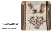 Modest Coverage High Waist Ruffle Bikini Vintage Inspired Floral Print Bikini Set Quick-Drying for Moms, Adults, Vacation, Resort, Cruise