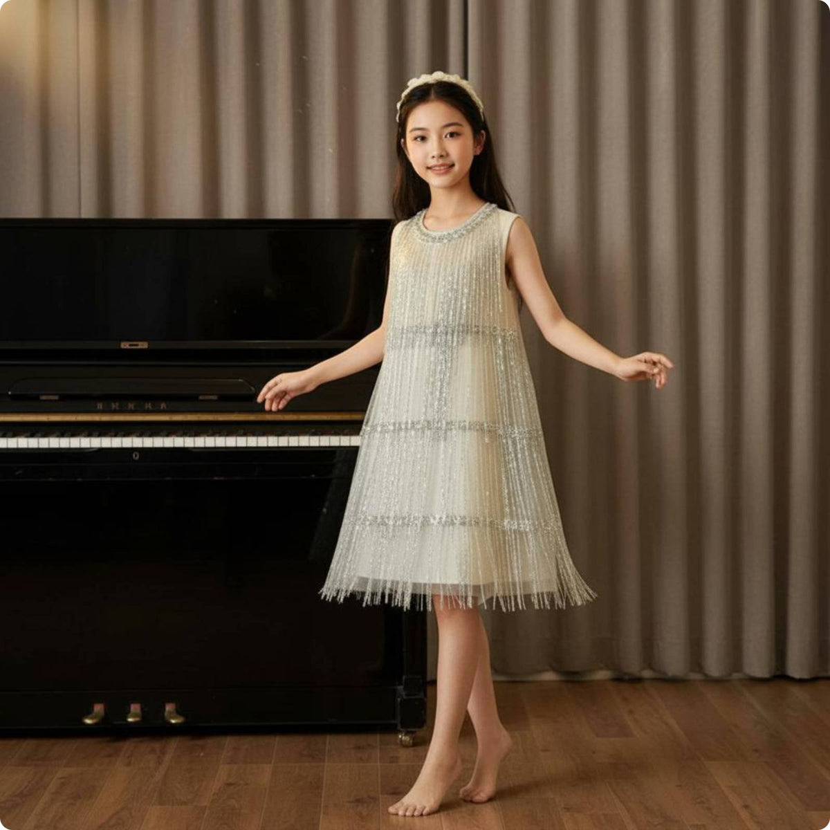Sequin Fringe Dress Dressy Look Children's Clothing Sleeveless for Piano Recital