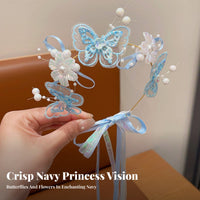 Girls Navy Princess Tiara Headband, Crystal Ribbon, Delicate Flower Fairy Design