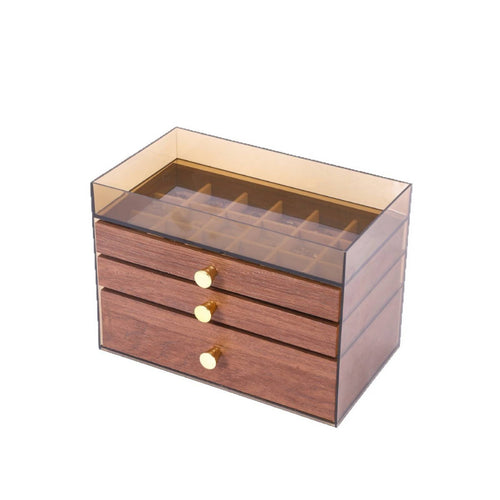 Multi-Tier Jewelry Organizer Allergen-Shield-Resistant Jewelry Storage Case with Compartments Wood Grain Storage Box Clear View