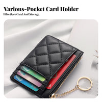 Soft PU Leather Quilted Card Holder with Keychain Lightweight Slim Quilted Card Holder Secure Zipper Closure for Women, Daily Use, Commuting