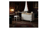 Vintage French Design Extendable Dressing Table Large Storage Capacity Retractable Makeup Table with Chest Multi-Functional Solid Wood Vanity Desk 3 Color Adjustable LED Light for Small Spaces