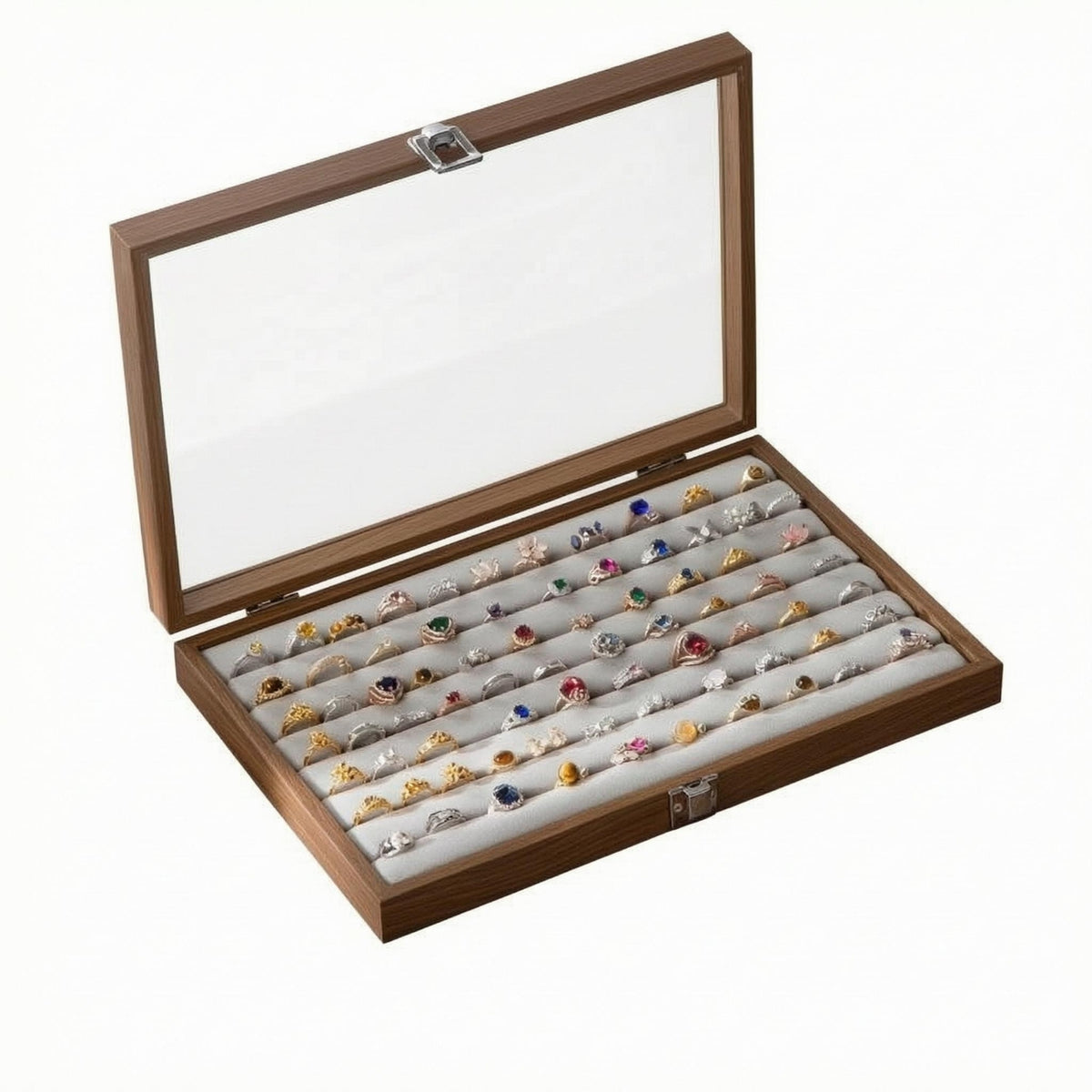 Wood-Grain Band Case Metal Clasp Glass Lid Band Box Lined Interior